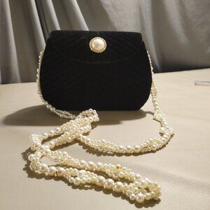 Black Velour Columbine Faux Pearl Rhinestone Vintage Purse Bag Crossbody